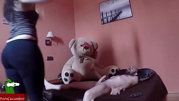 Sucks his cock with a huge teddy on the bed, and they eat bread sticks. SAN091